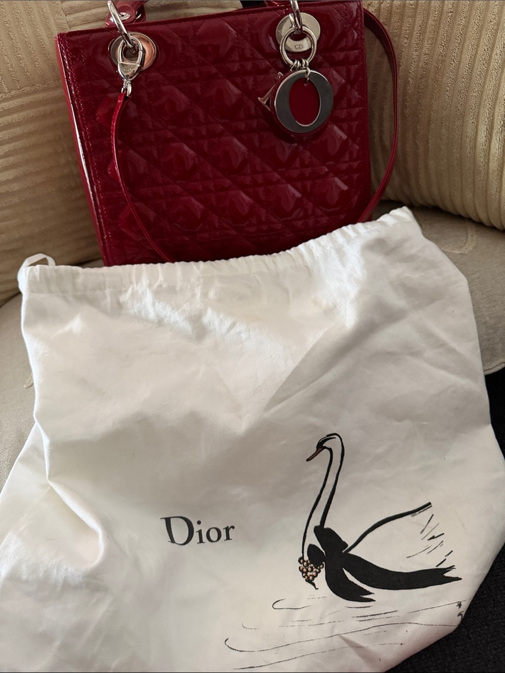 Dior Red Patent Quilted Crossbody with Silver-Tone Charms